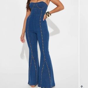 Women's Blue Denim Bell Bottom Jumpsuit